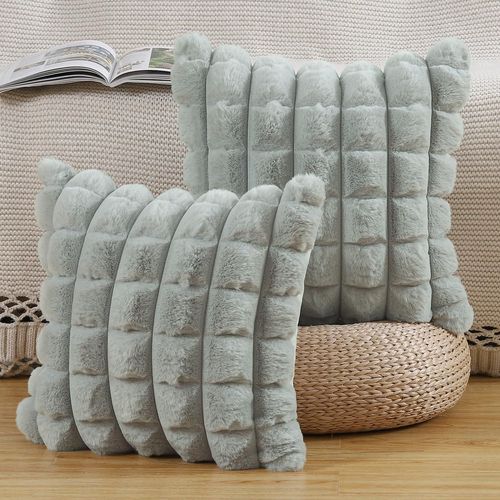 Tianyi-Lot De 2 À Carreaux Housses De Coussin En Peluche En Fausse Fourrure Housse De Coussin Décorative Douce Moelleuses Pour Coussin De Chambre À Coucher De Canapé Gris Clair 60x60 Cm
