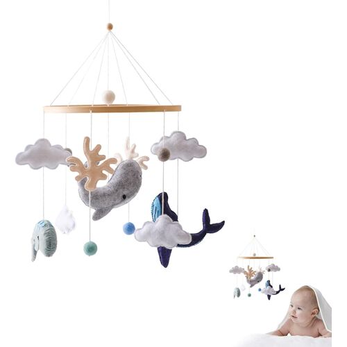 Mobile Bébé - Aqsacokiya - Animaux De Mer Avec Boules De Feutre En Bois Crocheté Mobile - Cadeau Pour Nouveau-Né Garçon Fille