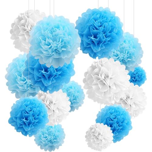 KALANKA-24pcs Pompon Papier de Soie, Pompon Bleu, Deco Mariage,Pompon Papier Soie,Déco Chambre garçon et Fille, Lanterne Papier,Decoration Bapteme,Decoration Bapteme Fille