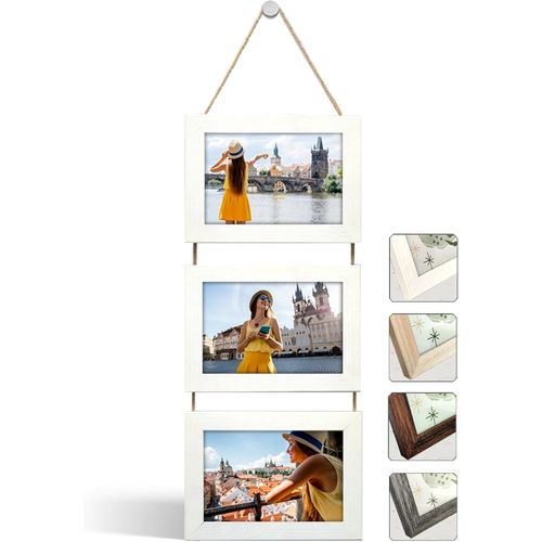 Cadre Photo Multiple avec Corde pour Suspendre au Mur - Lot de Cadres Décoratifs pour Accrochage Mural Vertical - Porte Portrait Pele Mele - Photos 10x15 (Blanc Cassé, 3 Photos Horizontal)