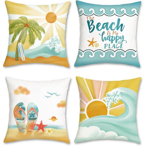 Trahoo-Housse De Coussin Plage 45 X 45 Cm Océan Soleil Côtier Palmier Décoratif Taie D'oreiller Pour Canapé Salon Chambre Chaise Maison Patio Décoration 4 Pièces