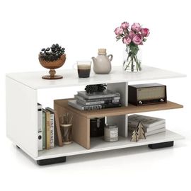 Table Basse À 3 Niveaux Avec Rangement Costway, Etagère Centrale En `L¿, Pour Salon Bureau Chambre, 90 X 50 X 42 Cm, Blanc