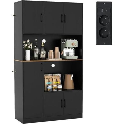 Buffet De Cuisine 180 Cm Avec Prise De Recharge Costway Avec Support Micro-Ondes, Station De Bar À Café Moderne En Bois, Noir