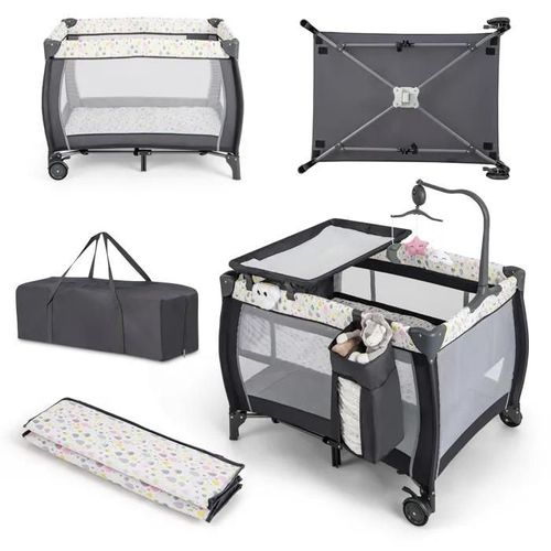 Lit Bébé Pliant 3 En 1 Avec Matelas Amovible Costway,Table À Langer,Parc Bébé,Barre De Jouets Rotative,Boîte À Musique,Sac-Coloré