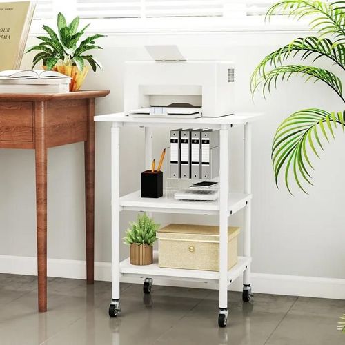 Costway Étagères De Rangement Pour Imprimante Scanner, Fax À 3 Niveaux, Roues De Verrouillable 49 X 40 X 65/77 Cm (L X L X H) Blanc
