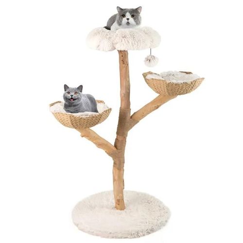 Arbre À Chat Multi-Niveaux 122 Cm Costway, Branches En Bois Massif, Perchoir, 2 Paniers En Rotin, Griffoir En Jute, Boule Suspendue