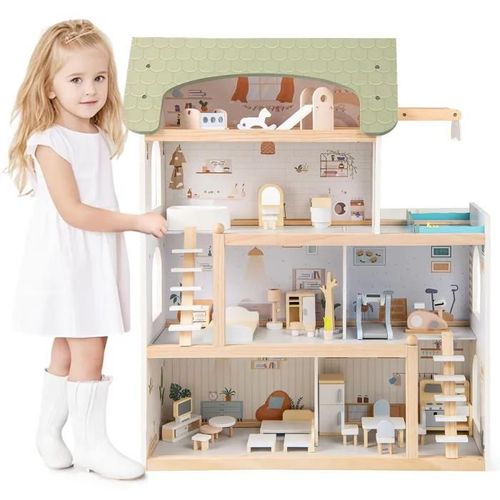 COSTWAY Maison de Poupée en Bois - 33 Accessoires de Meubles - 3 Étages et 1 Terrasse, Peinture Ecologique pour Enfants 3-7 Ans