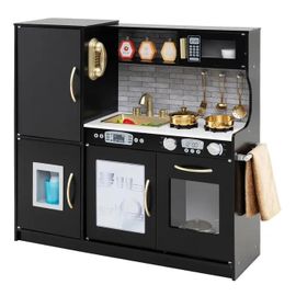 COSTWAY Cuisine Enfants 3 - 6 Ans en Bois avec Téléphone, Tableau Noir, Micro-ondes, Machine de Glaçons, 7 Accessoires Noir