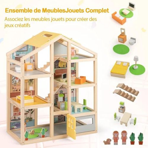 COSTWAY Maison de Poupée en Bois -21 Accessoires de Meubles - 6 Étages , Peinture Ecologique pour Enfants 3Ans+