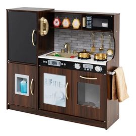 COSTWAY Cuisine Enfants 3 - 6 Ans en Bois avec Téléphone, Tableau Noir, Micro-ondes, Machine de Glaçons, 7 Accessoires Marron