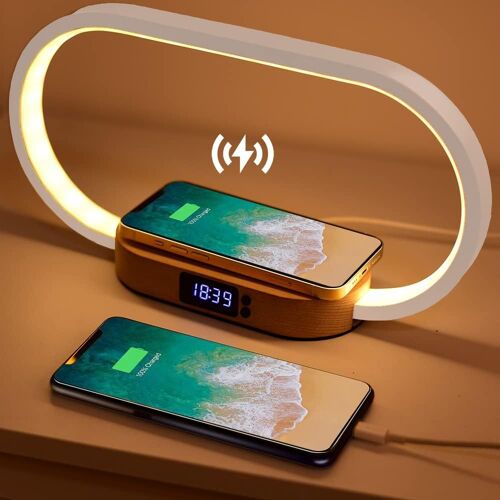 Jexnovashop-Lampe De Chevet Chargeur Sans Fil 15w, Lampe Chevet Bois Avec Horloge Et Port Usb, Lampe De Table Tactile Dimmable Avec 3 Modes De Couleur Pour Lecture Chambre Bureau, Bois&blanc
