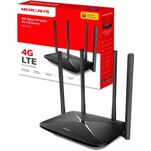 SUBZONAL-Mercusys MB115-4G Routeur 4G LTE ¿ WiFi 300 Mbps, Carte SIM Plug & Play, 4 Antennes Puissantes, Jusqu¿à 32 Appareils Connectés, Mode routeur Via 4 Ports WAN/LAN, Compatible Multi-Opérateurs