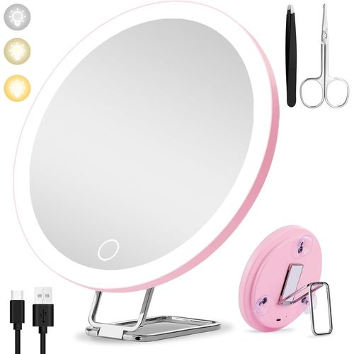 Tianyi-Miroir Grossissant 20x Avec Lumière, Miroir Grossissant 20x À 3 Modes De Couleurs, Miroir Grossissant Lumineux Rechargeable De 15cm Avec 3 Ventouses Et Support De Table 360°, Avec Pincettes Et 
