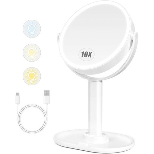 Kalanka-Miroir Maquillage Led, Miroir Grossissant Lumineux 1x / 10x, Miroir De Table Rotation À 360°, Miroir Grossissant Lumineux Sur Pied Avec 3 Couleurs, Luminosité Réglable 80 Perles 