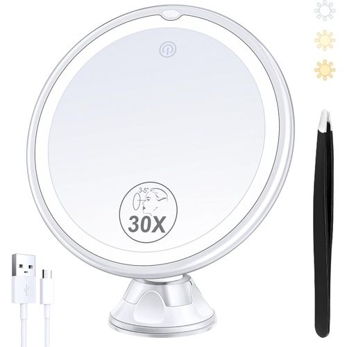 Tianyi-Miroir Grossissant Rechargeable Avec Lumière, Miroir Grossissant 30x Avec Lumière, 3 Modes De Couleurs Et Luminosité Réglable, Miroir À Ventouse Rotatif À 360 ° Pour Miroir De Courtoisie 1500 