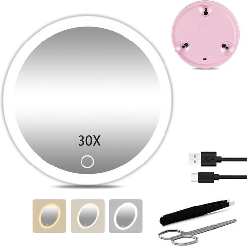 Kal-Miroir Cosmétique Grossissant 30x Avec Lumière, Miroir De Maquillage De Voyage Avec 3 Luminosités Réglables, Miroir Grossissant De Maquillage 6"" Avec Lumière, Grossissement 30x 