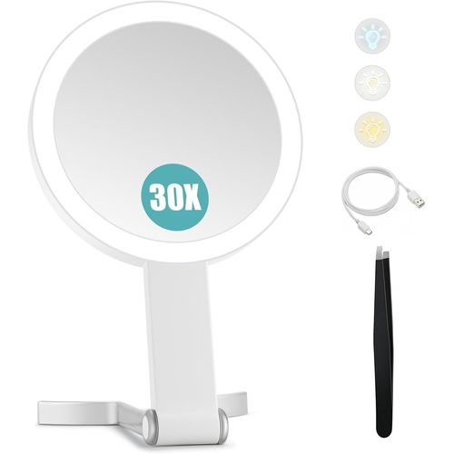Kalanka-Miroir Grossissant Double Face 1x/30x Avec Lumière, 3 Modes D'éclairage, 2000mah Luminosité Ajustable, Miroir De Maquillage De Voyage Compact Et Pliable 