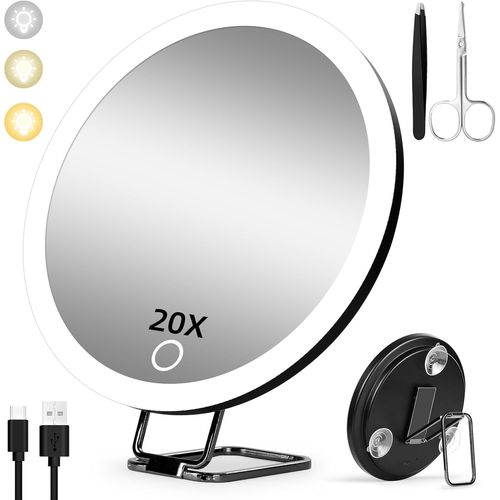 Kalanka-Miroir Grossissant 20x Avec Lumière, Miroir Grossissant 20x À 3 Modes De Couleurs, Miroir Grossissant Lumineux Rechargeable De 15cm Avec 3 Ventouses Et Support De Table 360°, Avec Pincettes E 
