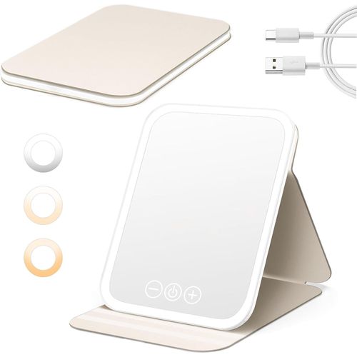Miroir De Maquillage Lumineux, Miroir Rechargeable Portable, Miroir De Voyage Pliable Ultra Hd, 3 Couleurs De Lumière, Luminosité Réglable, Fonction Mémoire, Parfait Pour Voyage Et Maison 