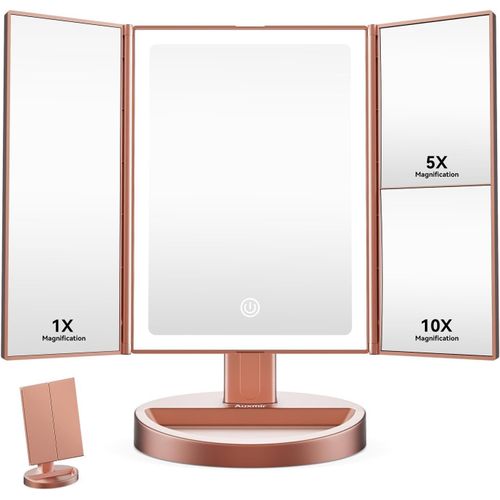 Trahoo-Miroir Maquillage Grossissant Lumineux 10x/5x/1x Avec 68 Led, Coméstique Rechargeable Usb 1200mah, Triptyque, Écran Tactile, Rotatif À 180°, Orrose 