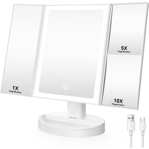 Tianyi-Miroir Maquillage Grossissant Lumineux Avec 68 Led, Miroir Grossissant 10x /5x /1x, Miroir Coméstique Rechargeable Usb 1200mah, Miroir Lumineux Triptyque, Écran Tactile, Rotatif À 180 °, Blanc 
