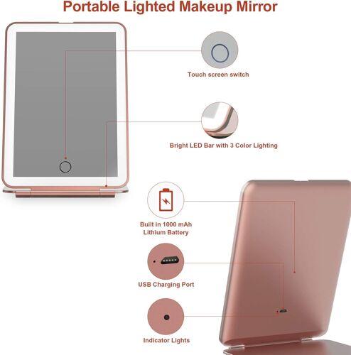 Usb Rechargeable Makeup Mirror With 72 Led Lights, Portable Travel Mirror With Light, 3 Colors, Adjustable Brightness, Dimmable Touch Screen, Cosmetic Table Mirror With