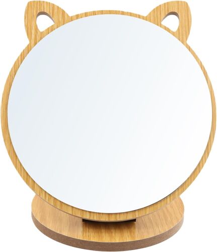 Standing Mirror Cat Ear, Foldable Table Mirrors With Wooden Base, Make-Up Mirror, Round Wooden Mirror 19 X 17 Cm, High Definition Cosmetic Mirror