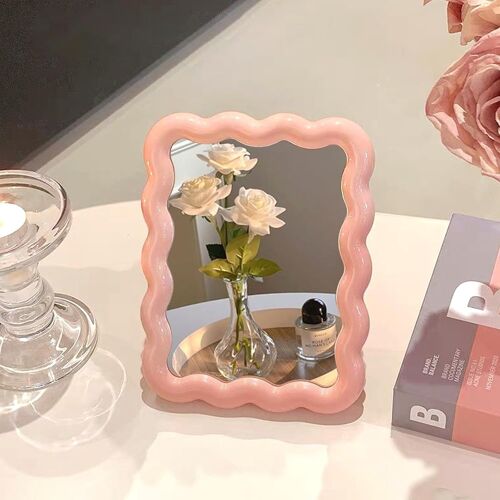 Wave Shape Makeup Mirror For Table And Desk, Portable, Foldable, Cute Travel Makeup Mirror Hanging Standing Home Decoration (Pink)