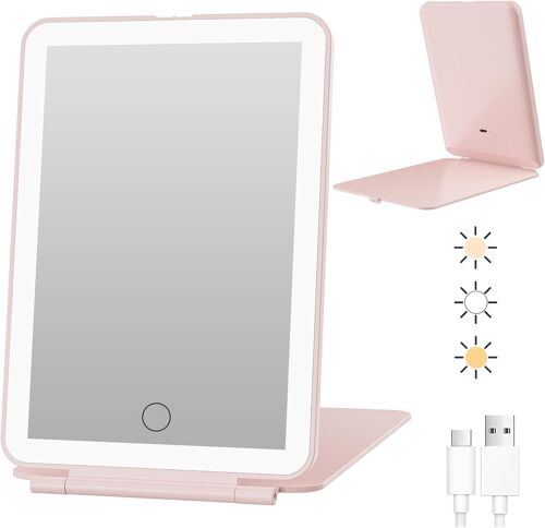 Miroir Cosmétique Avec Éclairage, Miroir De Voyage Portable, Rechargeable, Éclairage En 3 Couleurs, Écran Tactile À Intensité Variable, Pliable Avec Lumière (Rose)