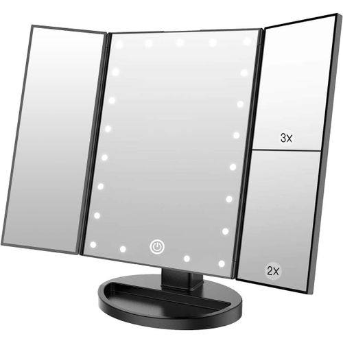 Tianyi-Miroir De Maquillage Lumineux, 1x / 2x / 3x Grossissement, Miroir À Trois Plis Avec 21 Lumières Led, Interrupteur À Écran Tactile, Miroir De Table Avec Batterie Et Usb Disponibles (Noir) 