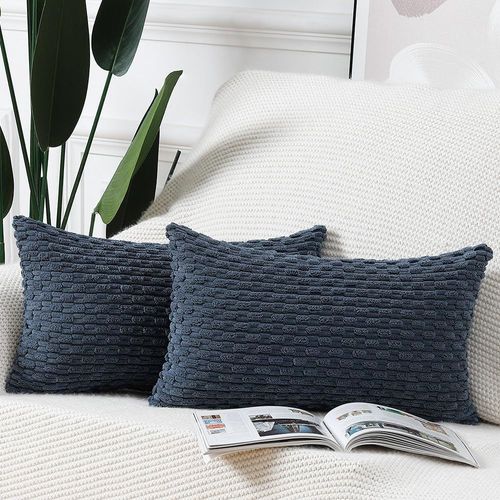Tianyi-Lot De 2 Housses De Coussin En Velours Côtelé Rayé Boho Housse De Coussin Décorative Douce Pour Canapé Chambre À Coucher Bleu Foncé 40 X 60 Cm