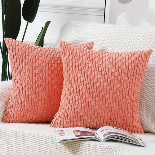 Tianyi-Lot De 2 Housses De Coussin En Velours Côtelé Rayé Boho Housse De Coussin Décorative Douce Pour Canapé Chambre À Coucher Corail 60 X 60 Cm
