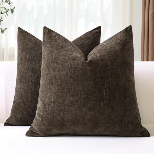 Cauc-Lot De 2 Housses De Coussins 50x50 Cm Chenille Douce Marron Housse De Coussin Décorative Taie D'oreiller Lombaire Solide Pour Canapé Salon Lit Décoration D'intérieur (Marron)