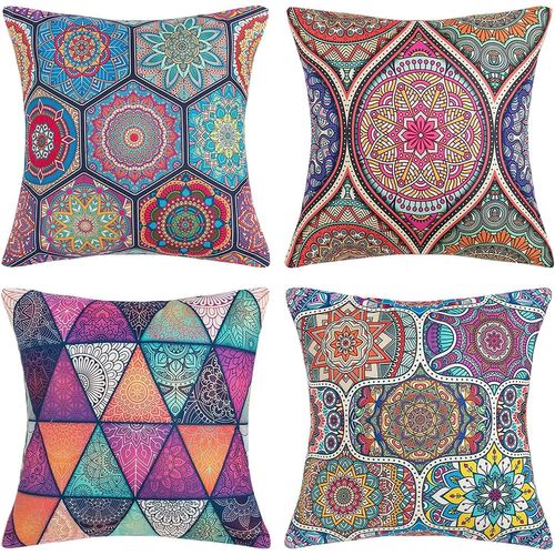 Tianyi-Housse De Coussin 50x50 Bohémien Mandala Fleur Et Style Ethnique Taie D'oreiller Coton Lin Housse Coussin Décoratif Carré Pour Canapé Maison Salon Taies D Oreiller Lot De 4