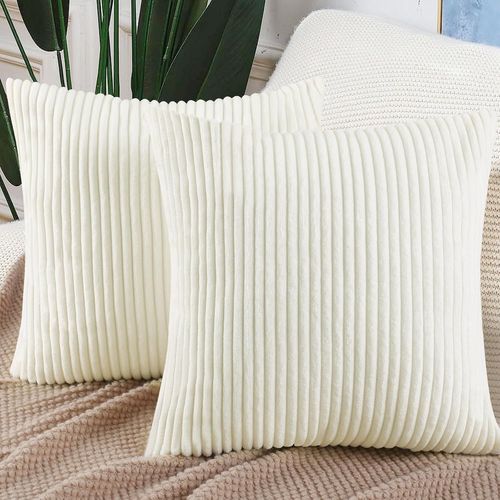 Tianyi-2 Housses De Coussin Canapé Décoratif En Velours Côtelé 45x45cm - Surface Douce, Motif Rayures - Housse Décorative Pour Canape, Fauteuil, Salon, Chambre, Balcon Crème