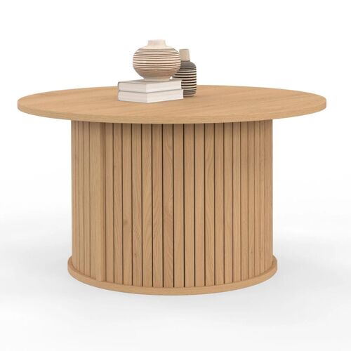 Table basse ronde JULIETTE 70 cm lattes tasseau bois coloris chêne