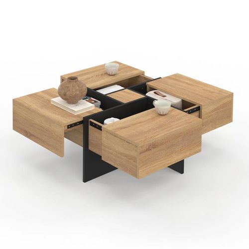 Table Basse Carrée Talia Avec Tiroirs Bois Et Noir