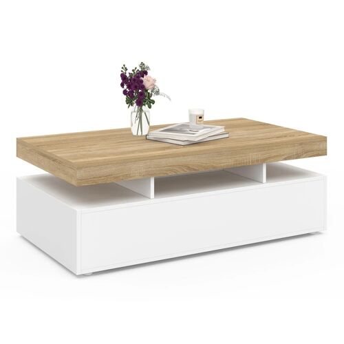 Table basse rectangulaire ELSA 2 tiroirs en bois blanc et plateau façon hêtre