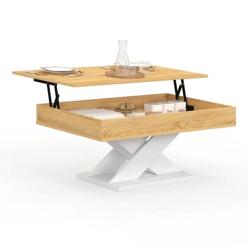 Table basse rectangulaire plateau relevable ALICIA bois et pied blanc