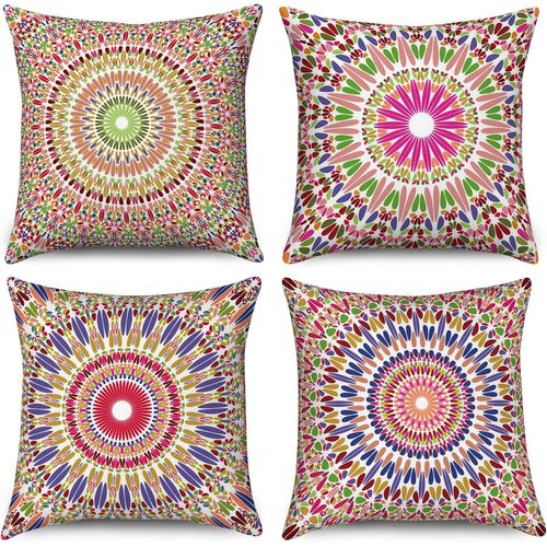 Cauc-Housse De Coussin Boho 40x40 Set De 4, Coloré Rétro Floral Mandala Boussole Médaillon Bohème Décorative Taies D'oreiller En Lin Housse De Coussin Pour Canapé Lit Jardin Extérieur Home Decor