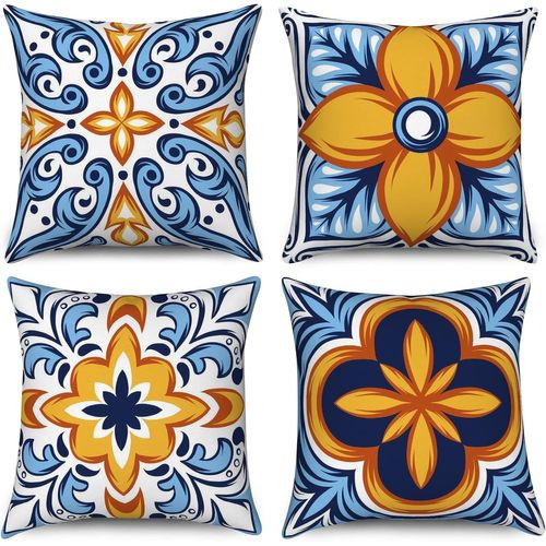 Tianyi-Housse De Coussin Boho 50x50 Set De 4, Bleu Et Orange Géométrique Mandala Floral Ferme Décorative Taies D'oreiller En Lin Housse De Coussin Pour Canapé Lit Jardin Extérieur Home Decor