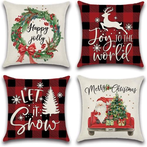 Cauc-Lot De 4 Housses De Coussin Noël, Taies D'oreiller Décoratives En Lin Père Noël Sapin Rouge Noir Plaid Wapiti Pour Lit Canapé Chambre Salon, 45 X 45cm