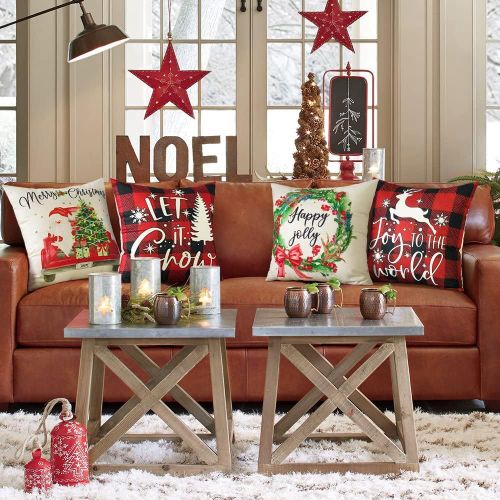 Cauc-Lot De 4 Housses De Coussin Noël, Taies D'oreiller Décoratives En Lin Père Noël Sapin Rouge Noir Plaid Wapiti Pour Lit Canapé Chambre Salon, 40 X 40cm