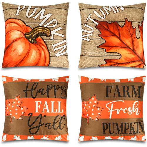 Cauc-Lot De 4 Housses De Coussin D'extérieur En Velours Hollandais De Style Rustique Et Rustique Pour Terrasse, Jardin, Salon, Canapé, Décoration Style Ferme (Orange + Marron)