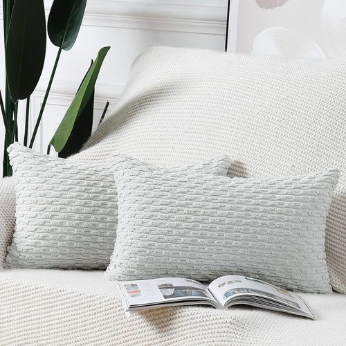 Tianyi-Lot De 2 Housses De Coussin En Velours Côtelé Rayé Boho Housse De Coussin Décorative Douce Pour Canapé Chambre À Coucher Blanc Grisâtre 30 X 50 Cm
