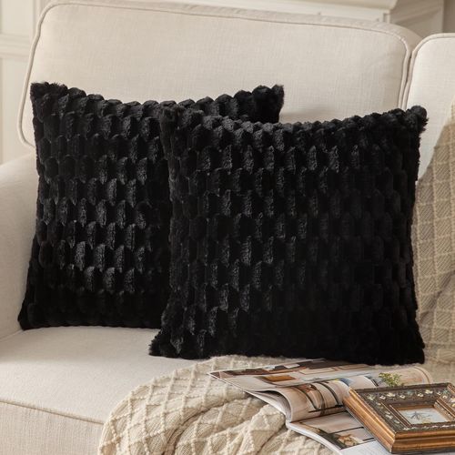 Cauc-Lot De 2 Super Doux Peluche Moelleux Décoratif Housses De Coussin Fausse Fourrure Laine Velours Taie D'oreiller Canapé Chambre À Coucher Le Salon Noir 65 X 65 Cm