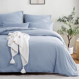 Sjzg-Parure De Lit 2 Pièces En Coton 135 X 200 Cm - Bleu Ciel - Certifié Ökotex - Avec Toucher Semblable À Du Lin - Respirant - 1 Housse De Couette Et 1 Taie D'oreiller 80 X 80 Cm