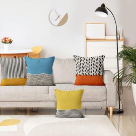 Cauc-Housse De Coussin Boho 45x45 Set De 4, Mid Century Abstrait Moderne Géométrique Décoratif Housses De Coussins Bleu Jaune Brûlé Orange Housse De Coussin En Lin Pour Canapé Lit Jardin Home Decor