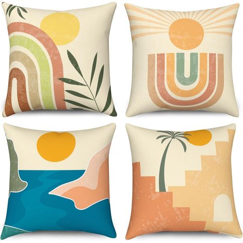 Tianyi-Housse De Coussin Boho 50x50 Set De 4, Mid Century Feuille Abstraite Soleil Arc-En-Ciel Taie D'oreiller Décorative Moderne Géométrique Esthétique Art Lin Housse D'oreiller Pour Canapé