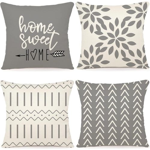 Slep-Lot De 4 Housses De Coussin Modernes En Lin Pour Canapé, Lit, Voiture, 45 X 45 Cm, Motif Géométrique, Gris